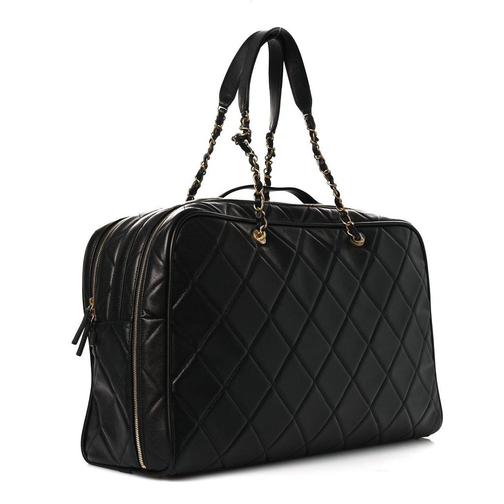 Chanel Shiny Grained Calfskin Quilted Large Travel Bowling Bag Black