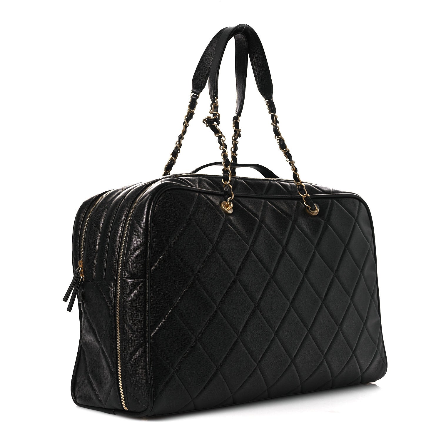 Chanel Shiny Grained Calfskin Quilted Large Travel Bowling Bag Black