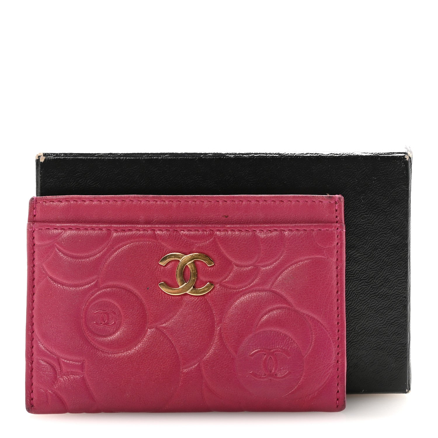 Lambskin Camellia Embossed Card Holder Fuchsia