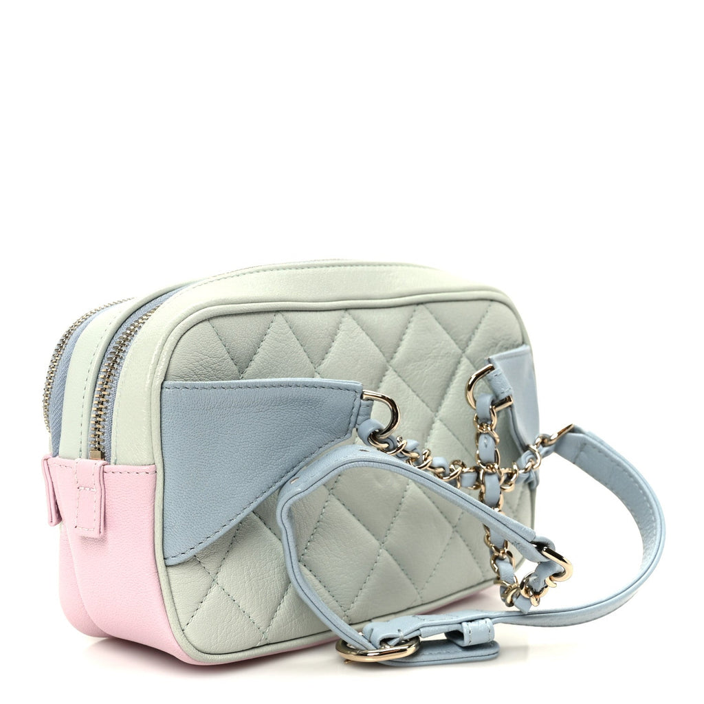 Chanel Goatskin Quilted Tri-Color In & Out Waist Bag Green Blue Pink