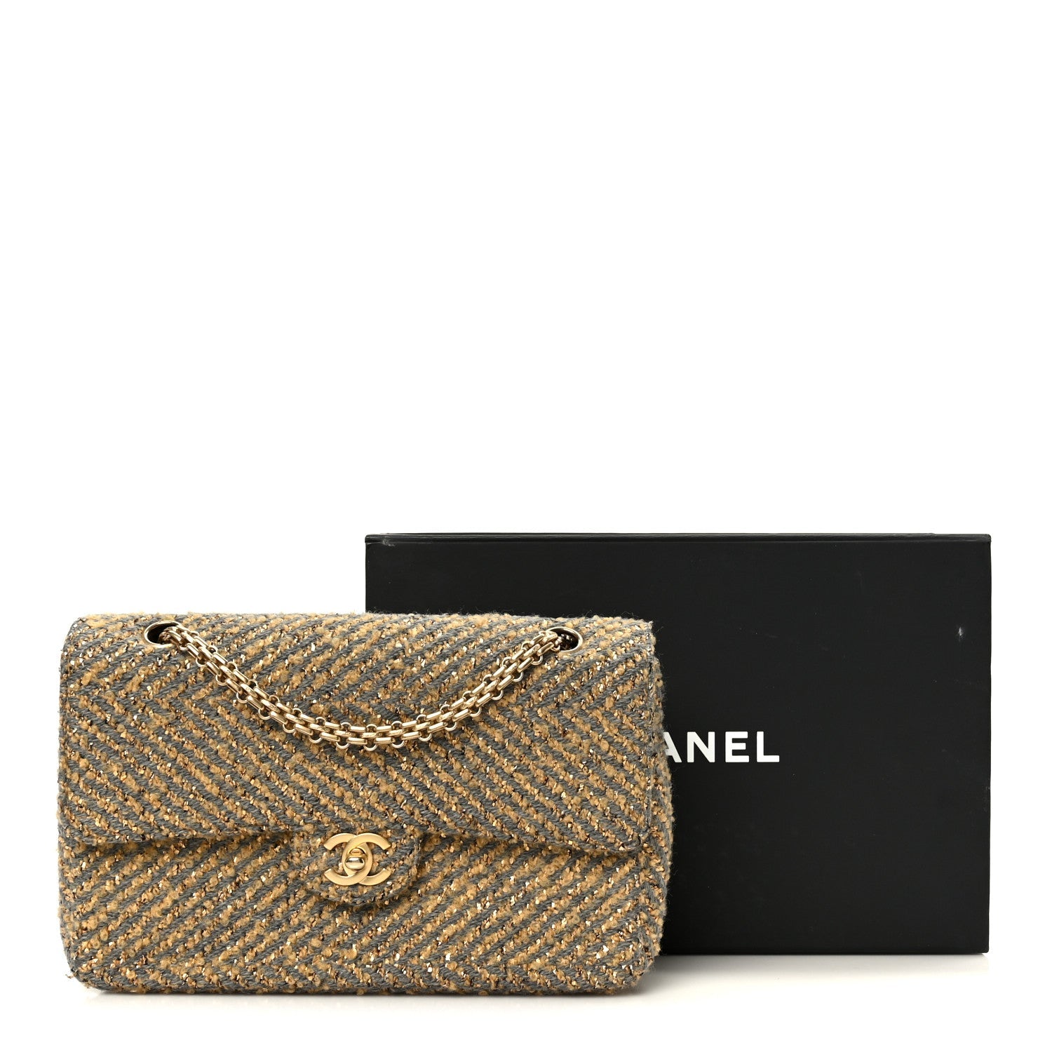 Chanel Metallic Tweed Quilted Medium Single Flap Beige Grey Gold
