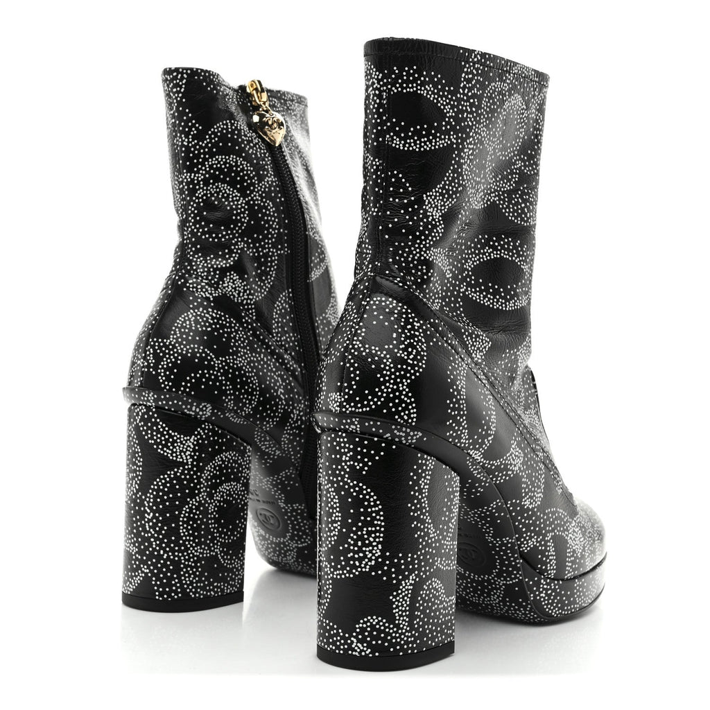 Calfskin Camellia Printed Ankle Boots 38 Black White
