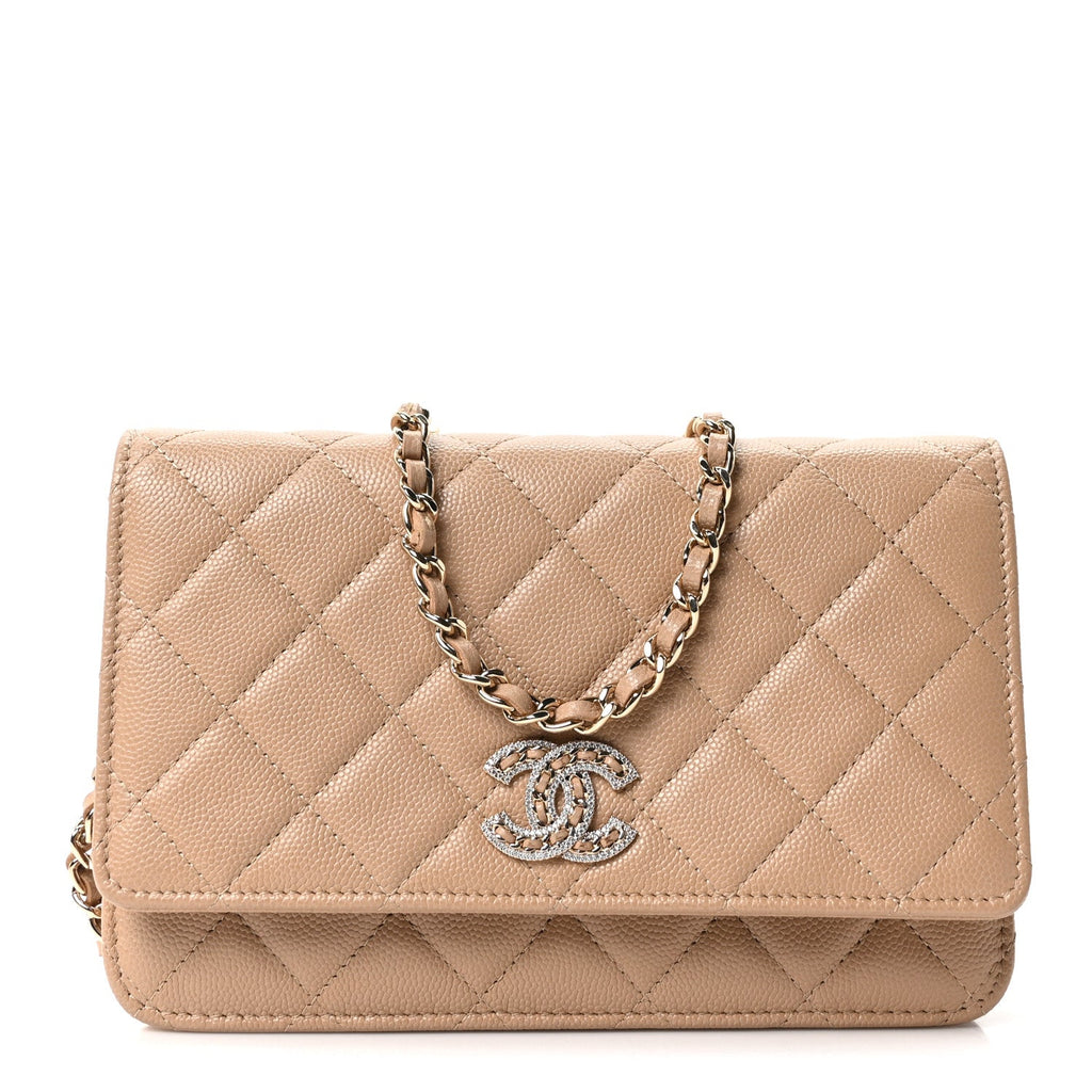 Chanel Caviar Quilted Crystal CC Wallet On Chain WOC Beige
