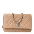 Chanel Caviar Quilted Crystal CC Wallet On Chain WOC Beige