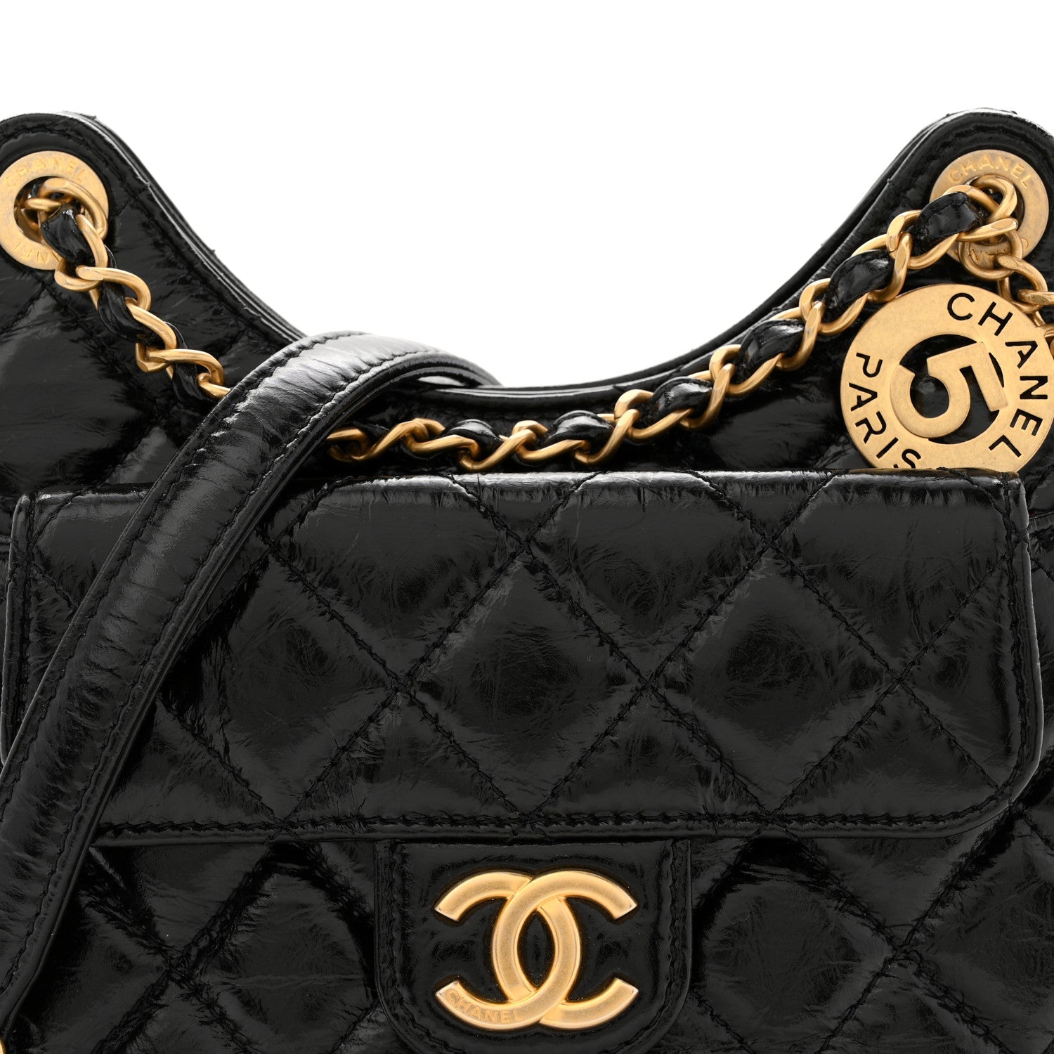 Chanel Shiny Crumpled Calfskin Quilted Small Wavy CC Hobo Black