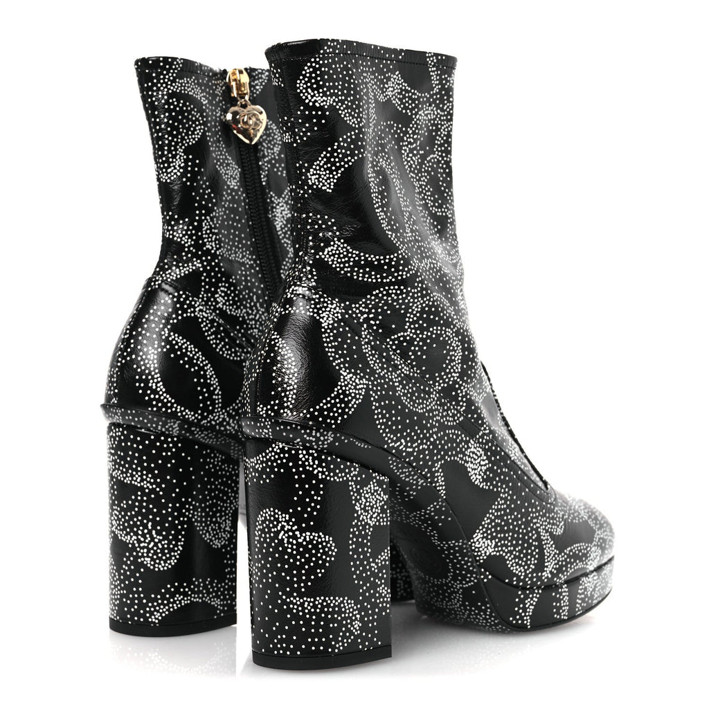 Calfskin Camellia Printed Ankle Boots 38.5 Black White