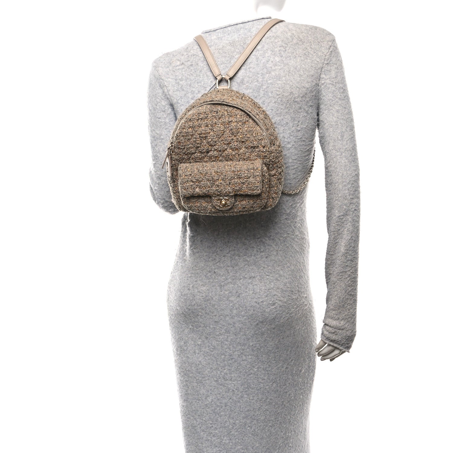 Chanel Tweed Front Pocket Backpack Beige