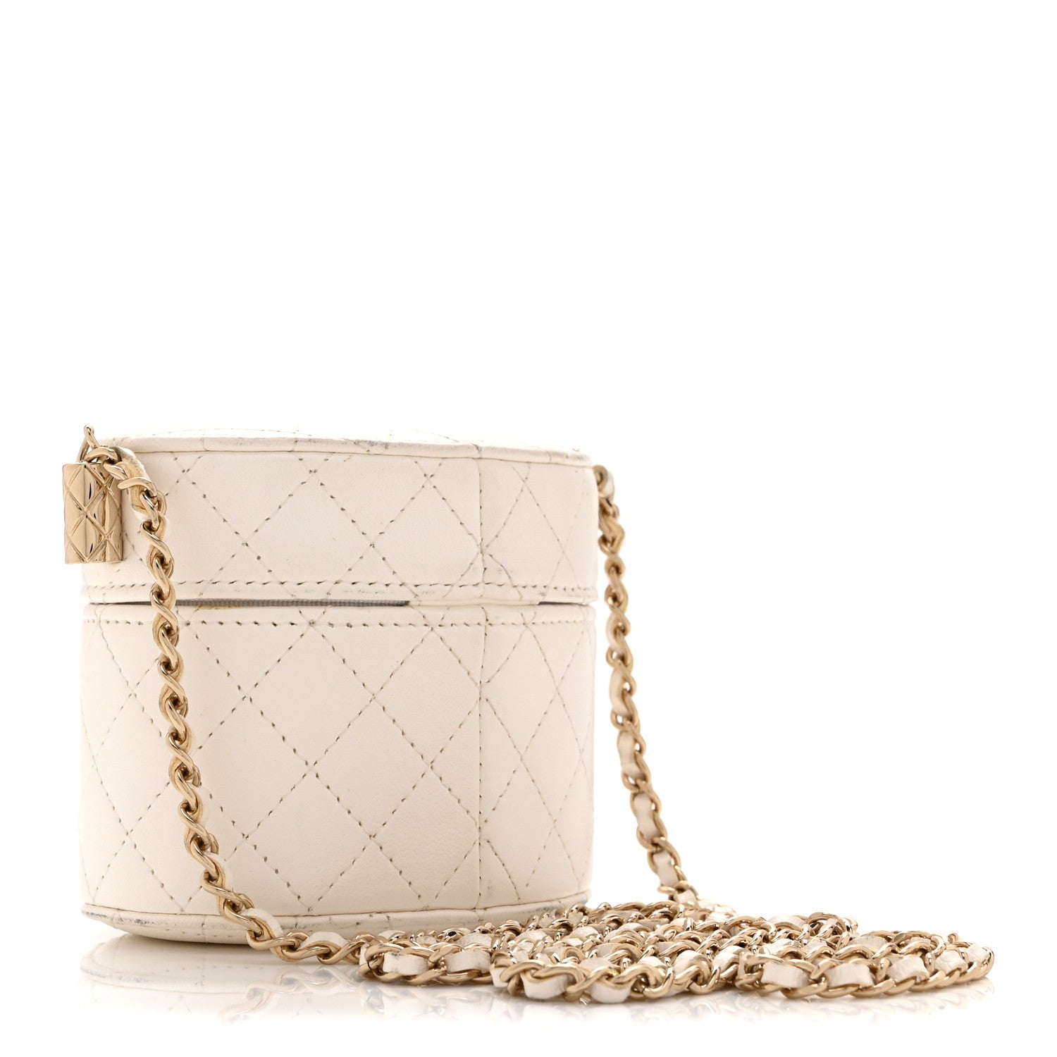 Chanel Lambskin Quilted Round Mini Vanity Case With Chain Case With Chain White