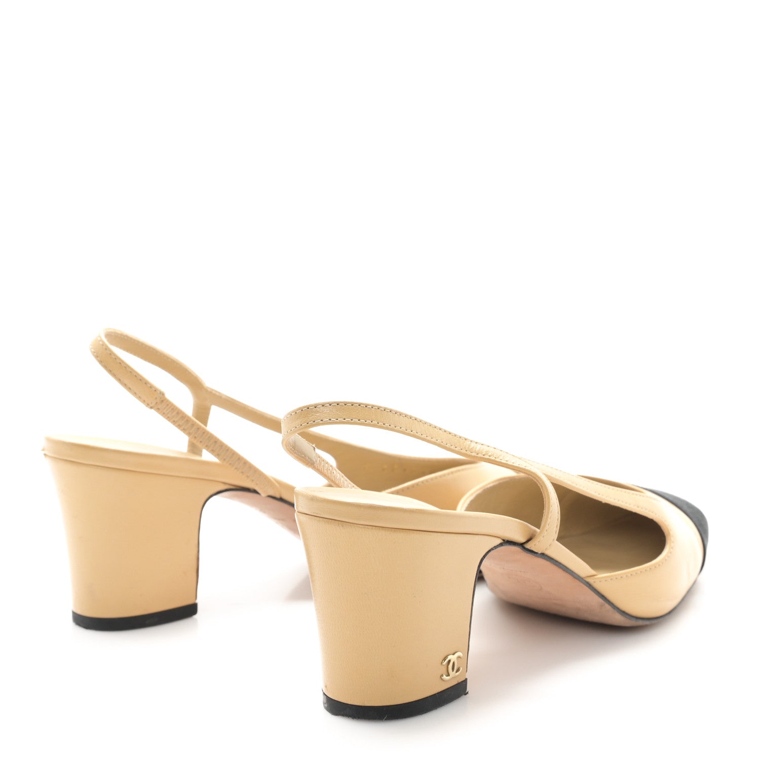Goatskin Grosgrain Cap Toe CC Slingback Pumps 38.5 Beige Black