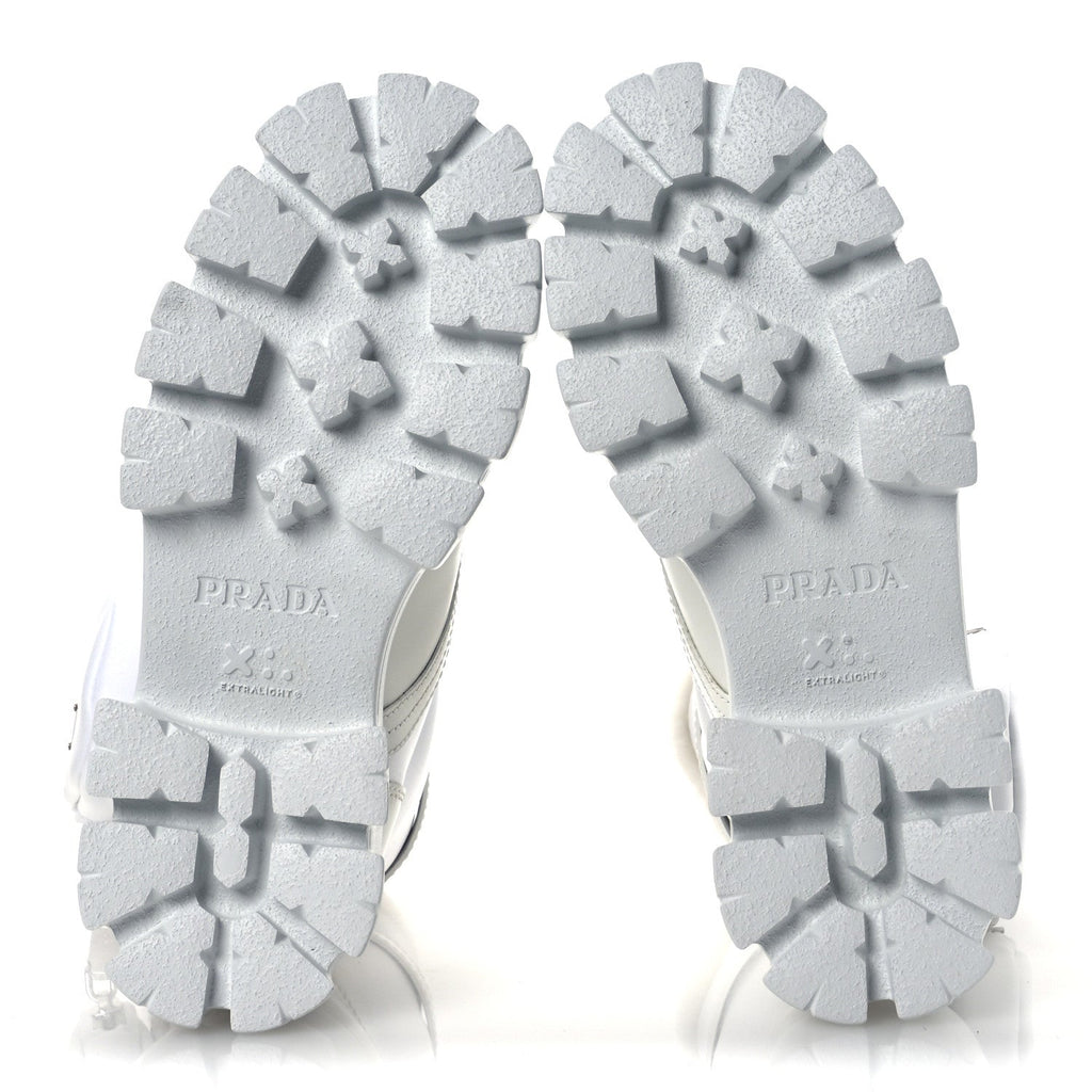 Prada Spazzolato Rois Nylon Shearling Metal Triangle Logo Monolith Pouch Pocket 55mm Boots 35.5 White