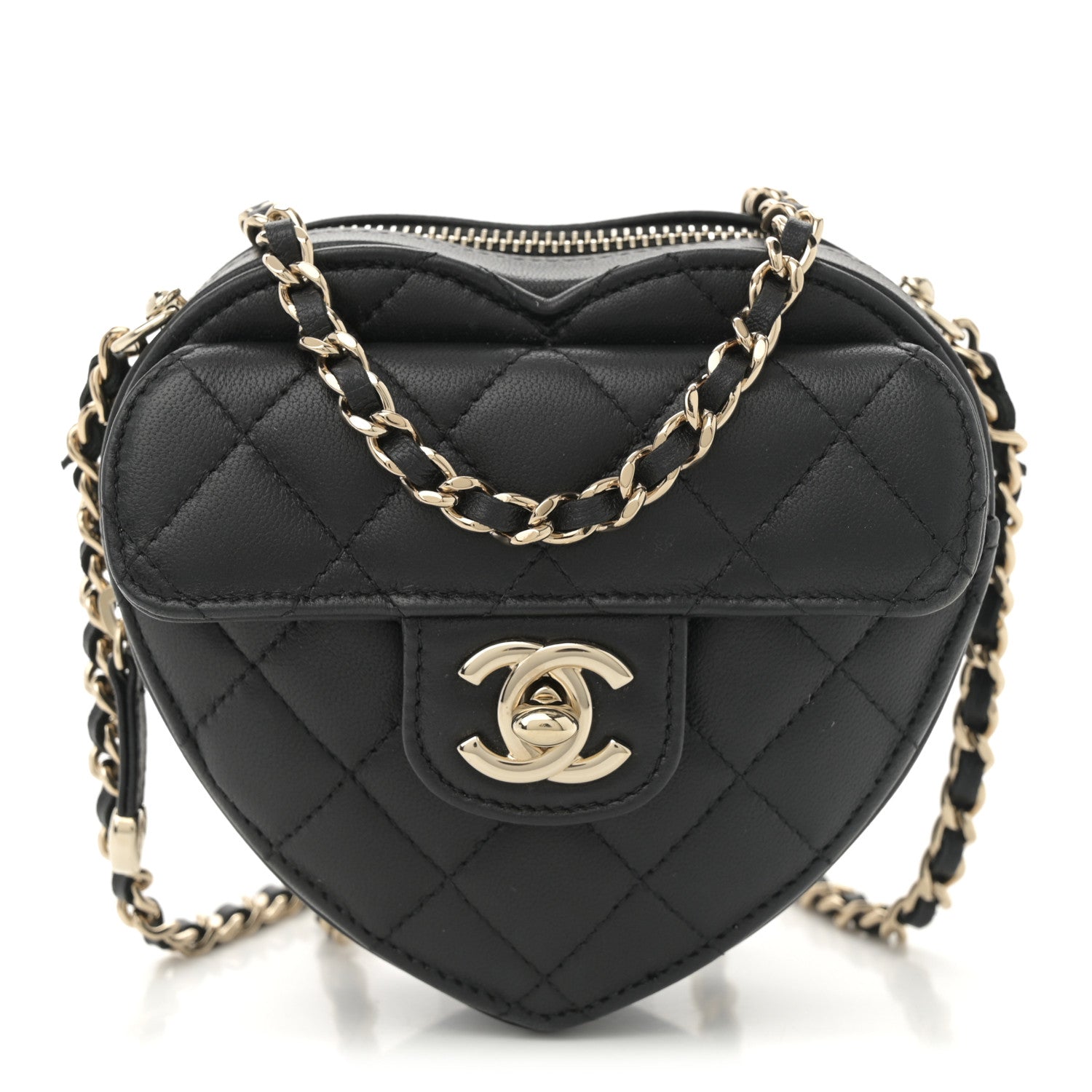 Chanel Lambskin Quilted CC In Love Heart Clutch With Chain  Black