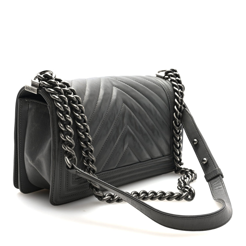 Chanel Lambskin Chevron Quilted Medium Boy Flap Grey