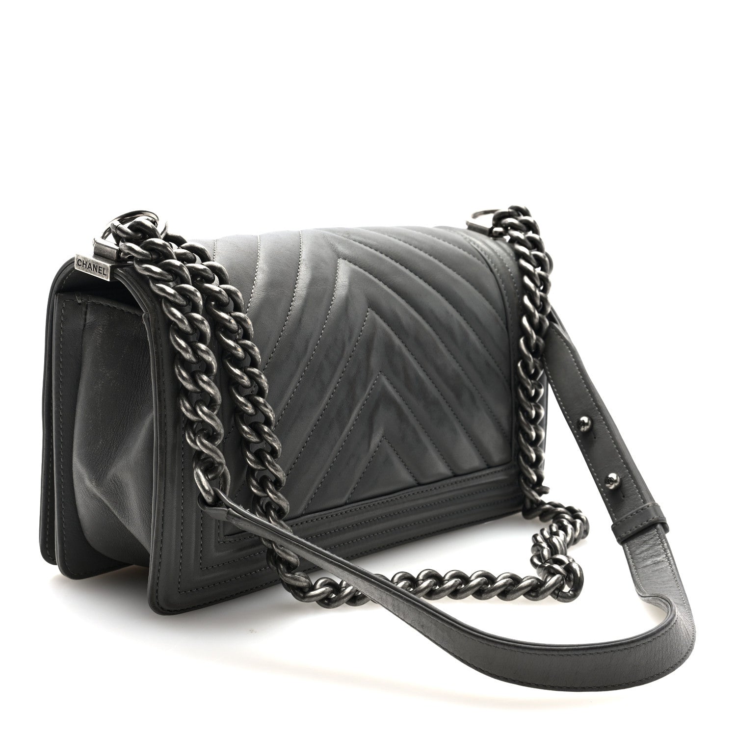 Chanel Lambskin Chevron Quilted Medium Boy Flap Grey