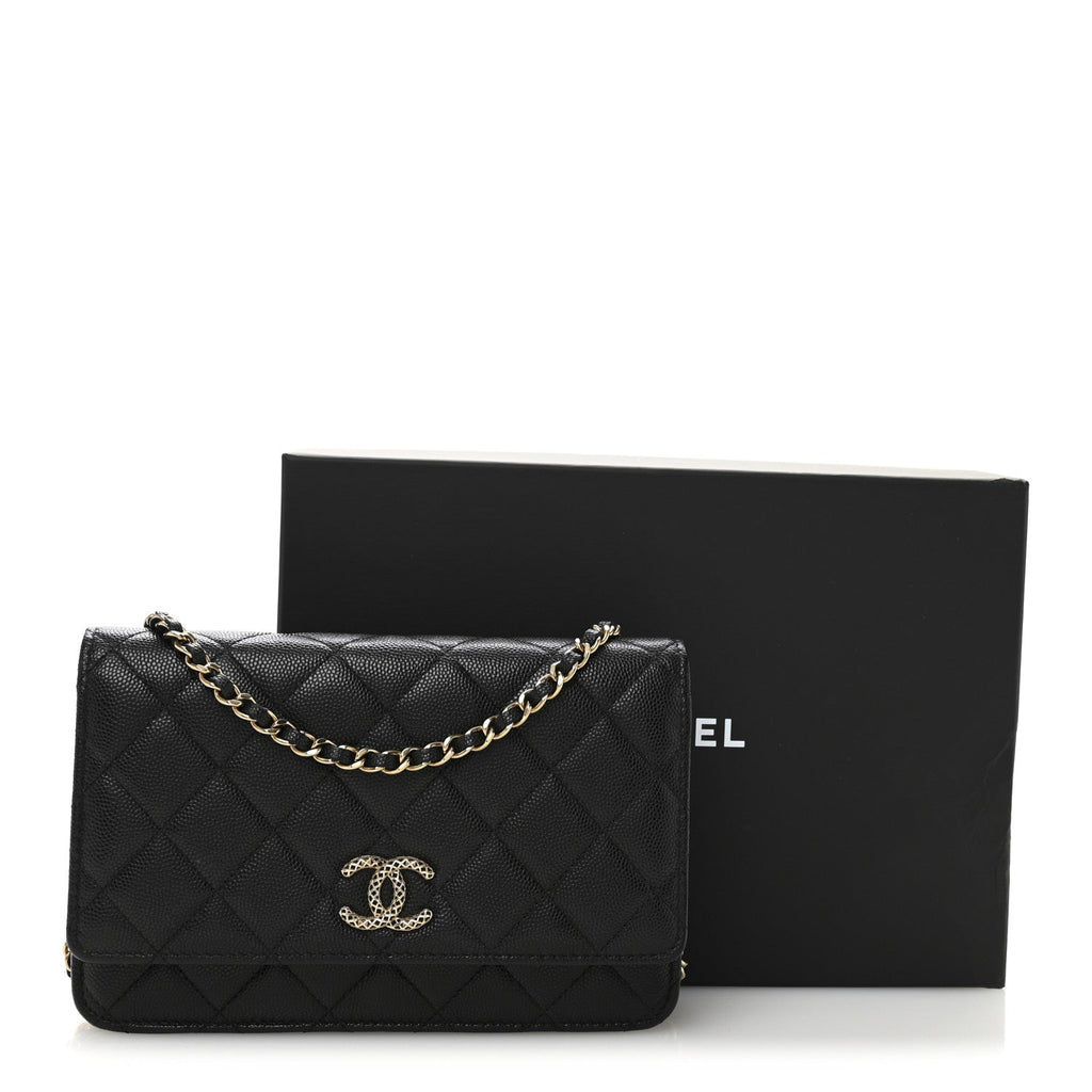 Chanel Caviar Quilted Perforated Metal CC Wallet On Chain WOC Black