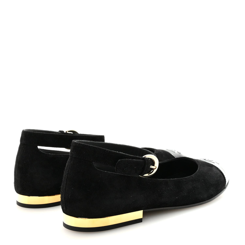 Chanel Suede Patent Cap Toe CC Mary Jane Flats 37 Black