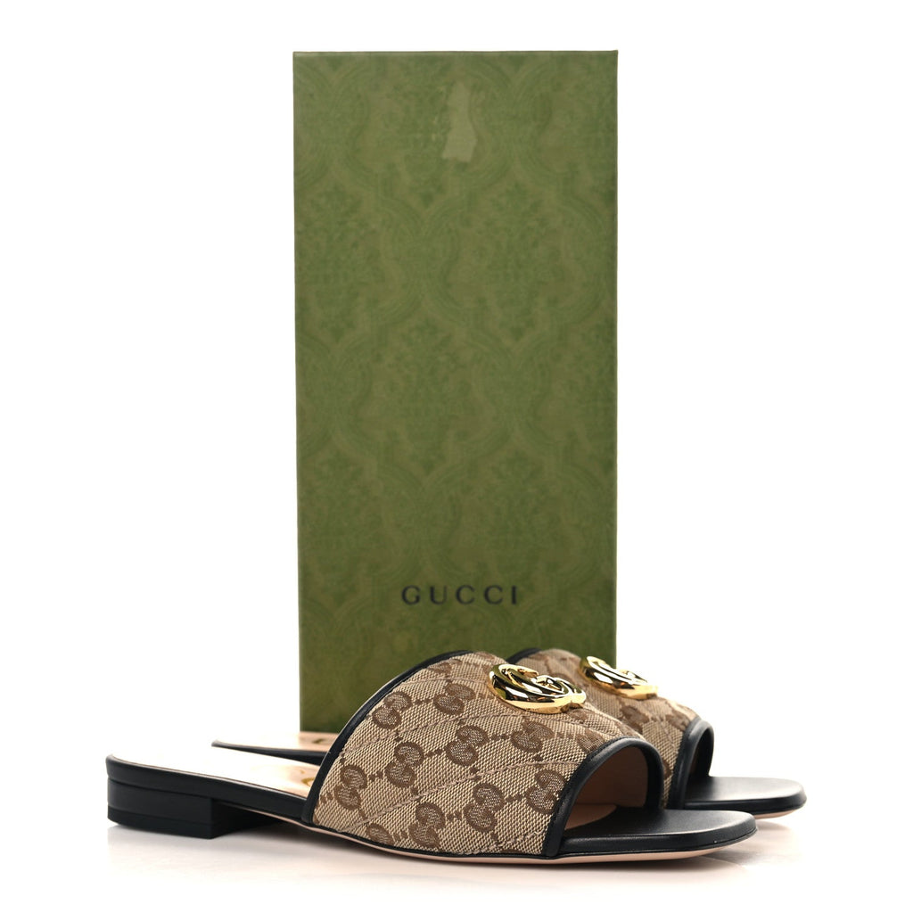 Gucci Monogram Matelasse Diagonal GG Marmont Flat Slide Sandals 37.5 Beige Ebony Black