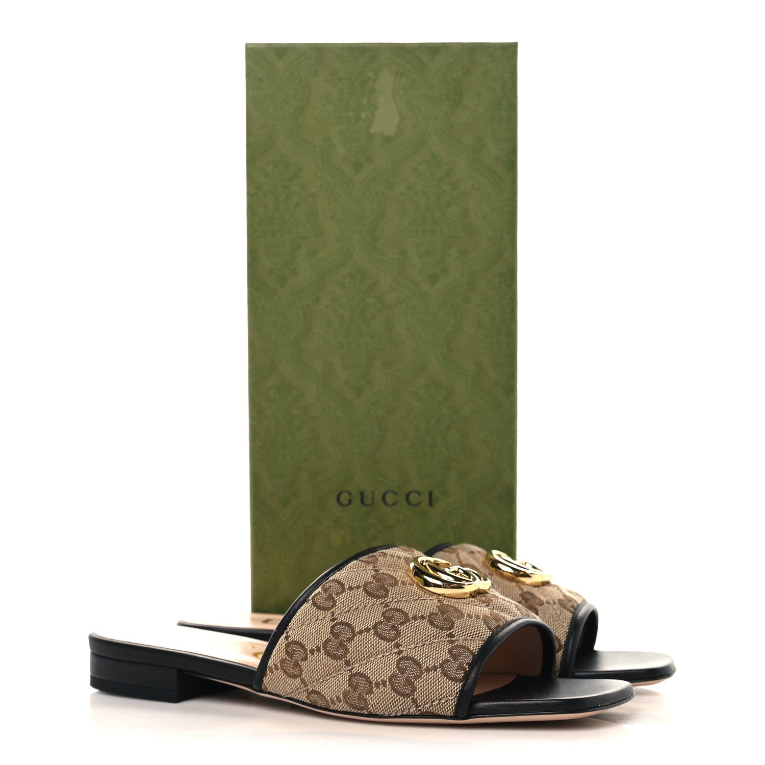Gucci Monogram Matelasse Diagonal GG Marmont Flat Slide Sandals 37.5 Beige Ebony Black