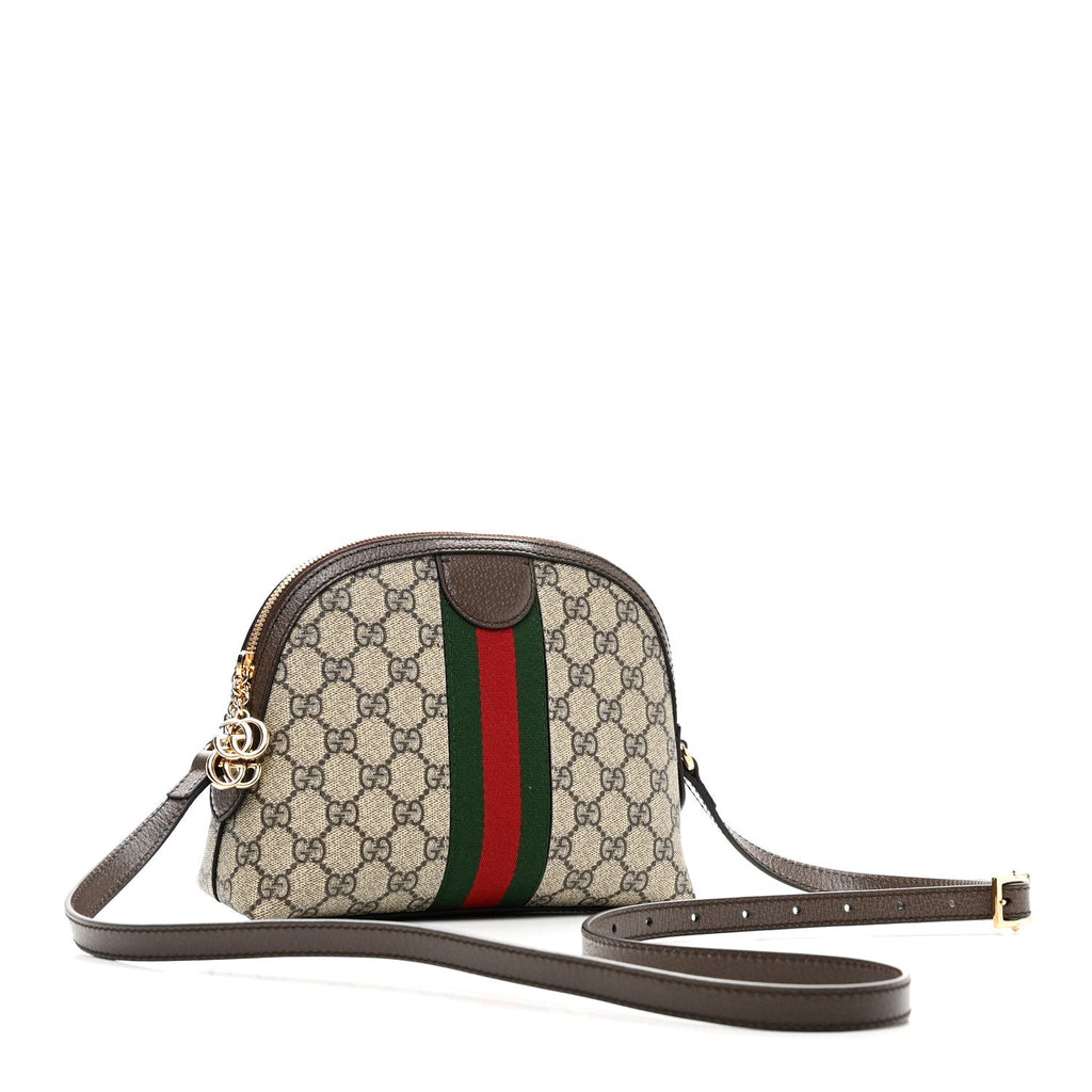 Gucci GG Supreme Monogram Textured Dollar Calfskin Web Small Ophidia Dome Shoulder Bag Beige Ebony New Acero