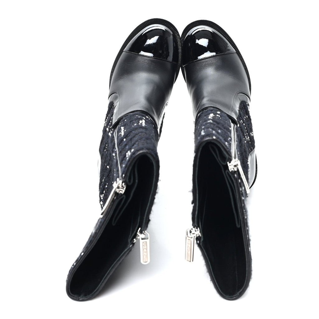 Chanel Tweed Calfskin Patent Cap Toe CC High Boots 37.5 Black Navy White