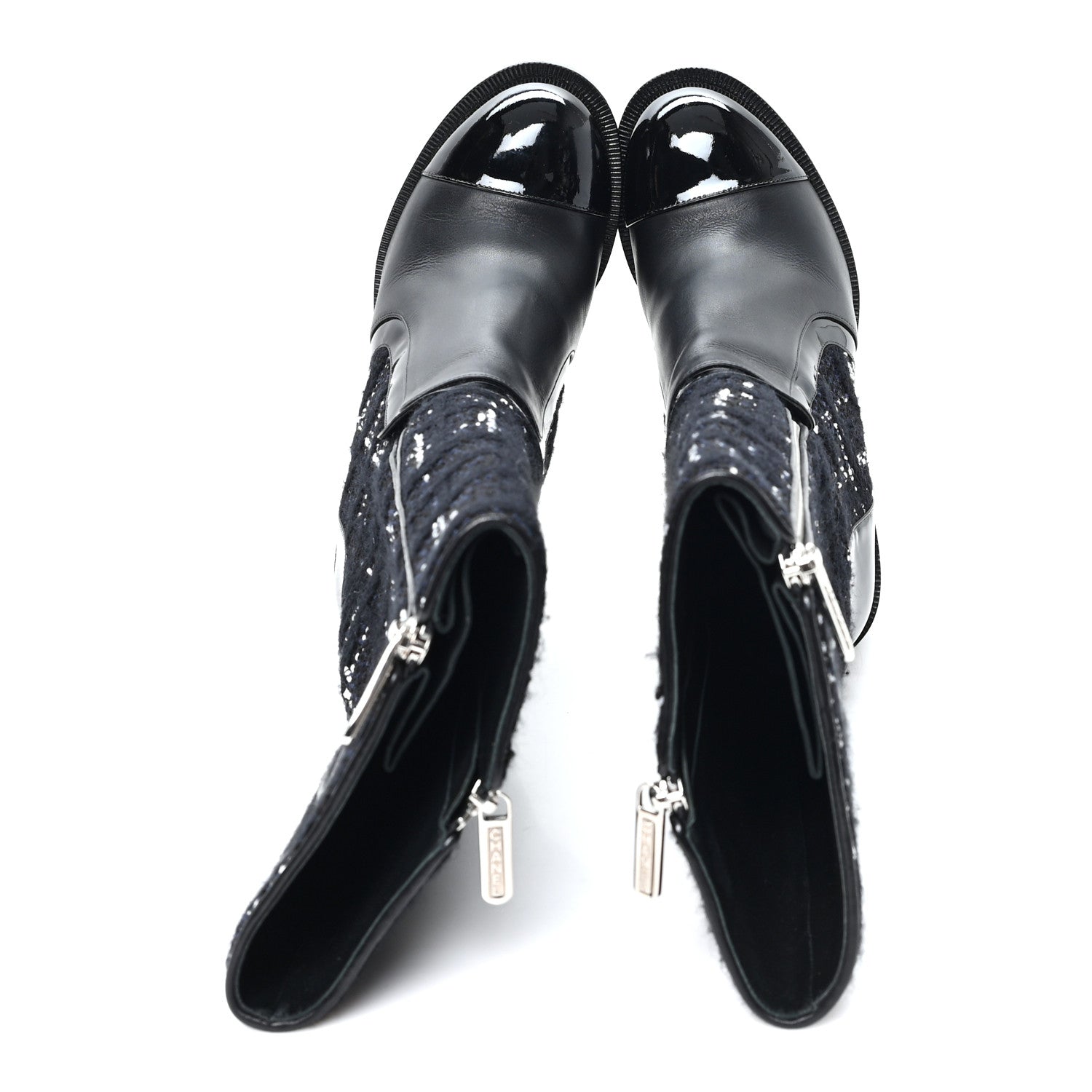 Chanel Tweed Calfskin Patent Cap Toe CC High Boots 37.5 Black Navy White