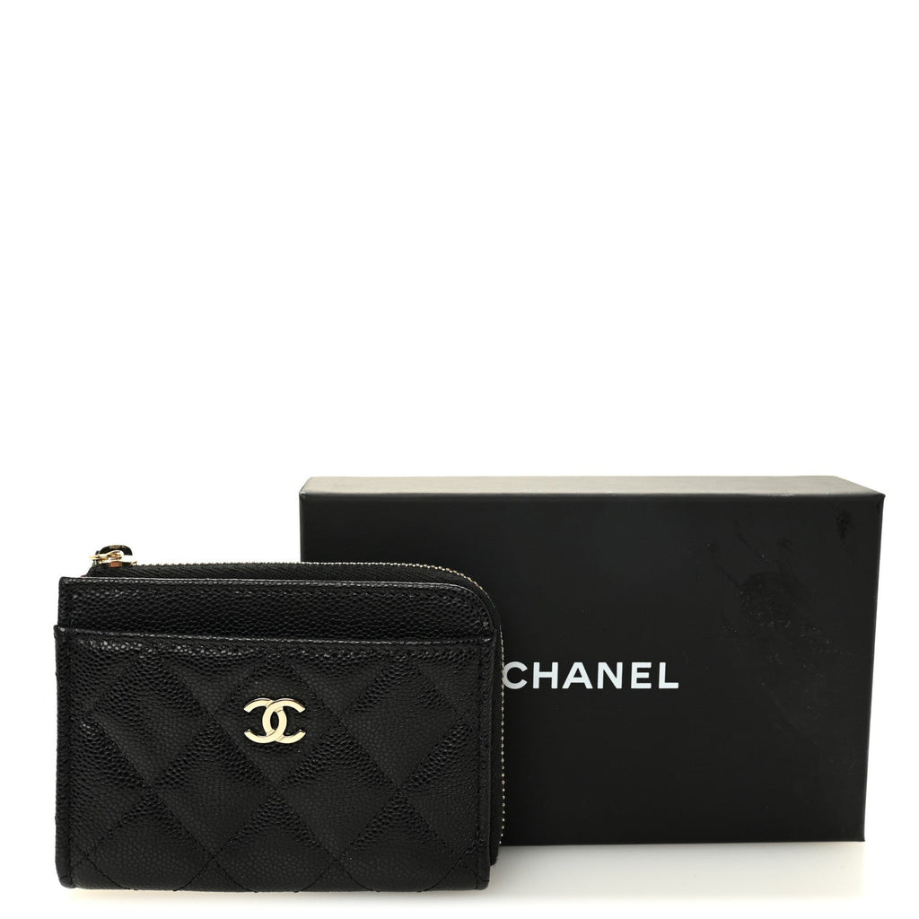 Caviar Quilted Flap Zip Card Holder Black