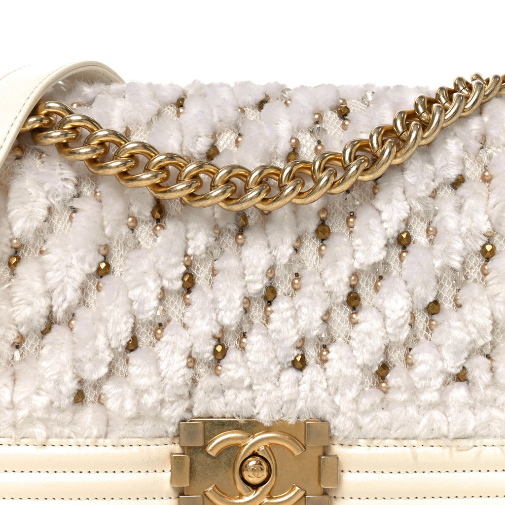 Chanel Lambskin Tulle Embroidered Medium Boy Flap White