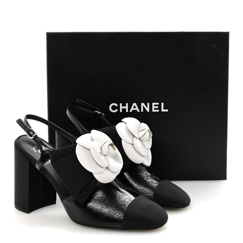 Crumpled Shiny Fabric Grosgrain Cap Toe Camellia Bow Slingback Pumps 39 Black