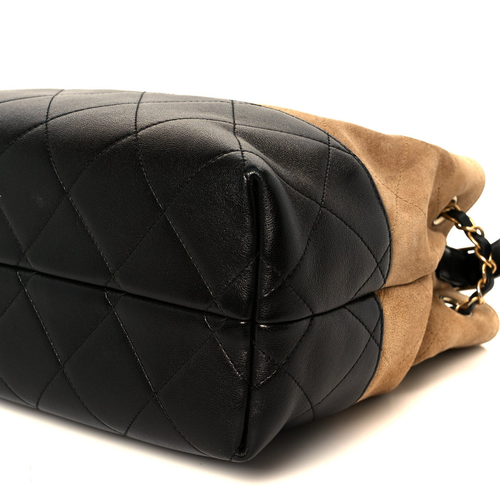 Chanel Suede Calfskin Shiny Lambskin Quilted Small Coco Base Shopping Bag Beige Black