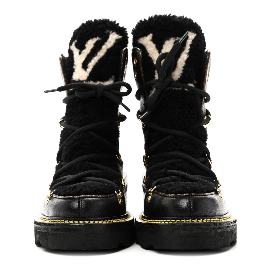 Louis Vuitton Grained Calfskin Shearling LV Beaubourg Ankle Boots 37.5 Black