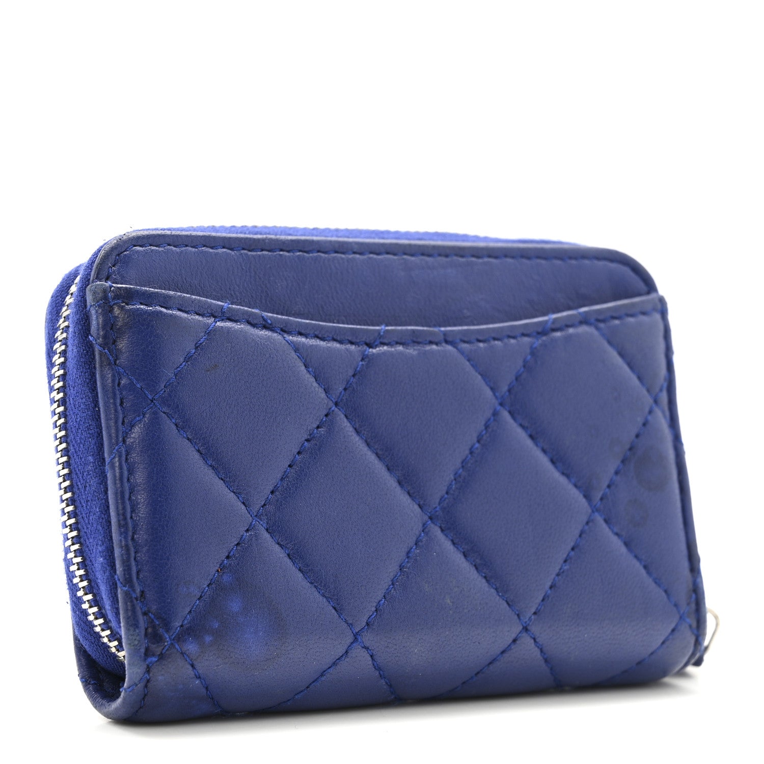 Chanel Lambskin Quilted Zip Around Coin Purse Wallet Blue