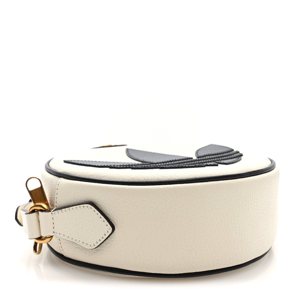 Gucci X ADIDAS Textured Dollar Calfskin Web Trefoil Logo Small Ophidia Round Shoulder Bag Off White Black
