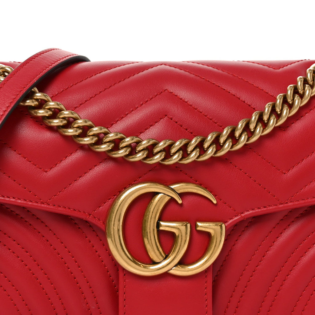 Gucci Calfskin Matelasse Small GG Marmont Shoulder Bag Hibiscus Red
