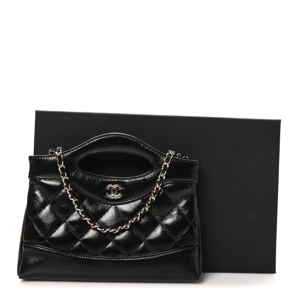 Chanel Shiny Crumpled Calfskin Quilted Nano 31 Shopping Bag Black
