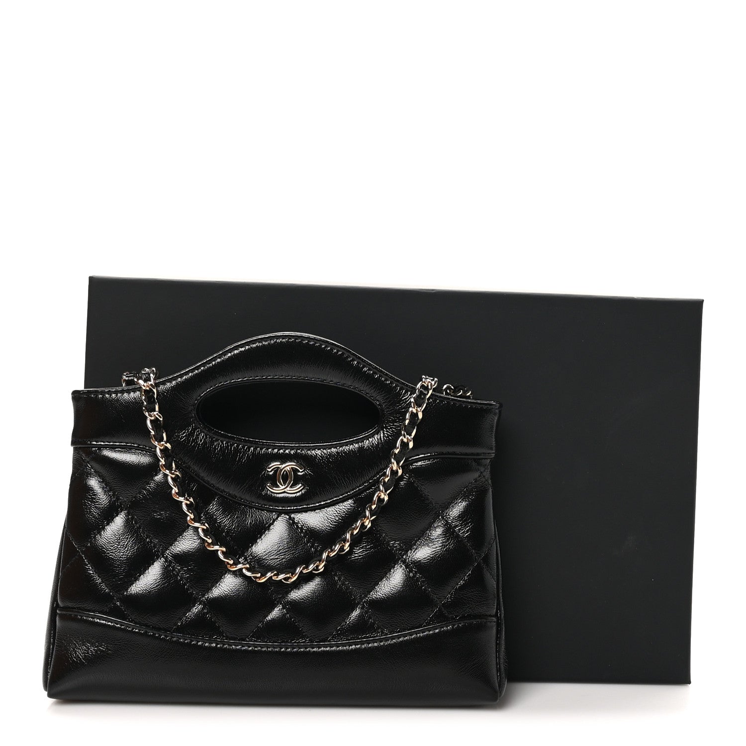Chanel Shiny Crumpled Calfskin Quilted Nano 31 Shopping Bag Black