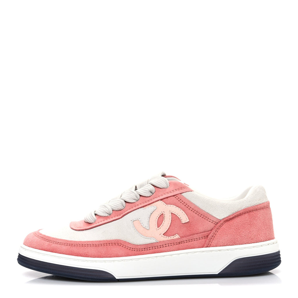 Chanel Suede Kidskin Womens CC Sneakers 35.5 White Pink