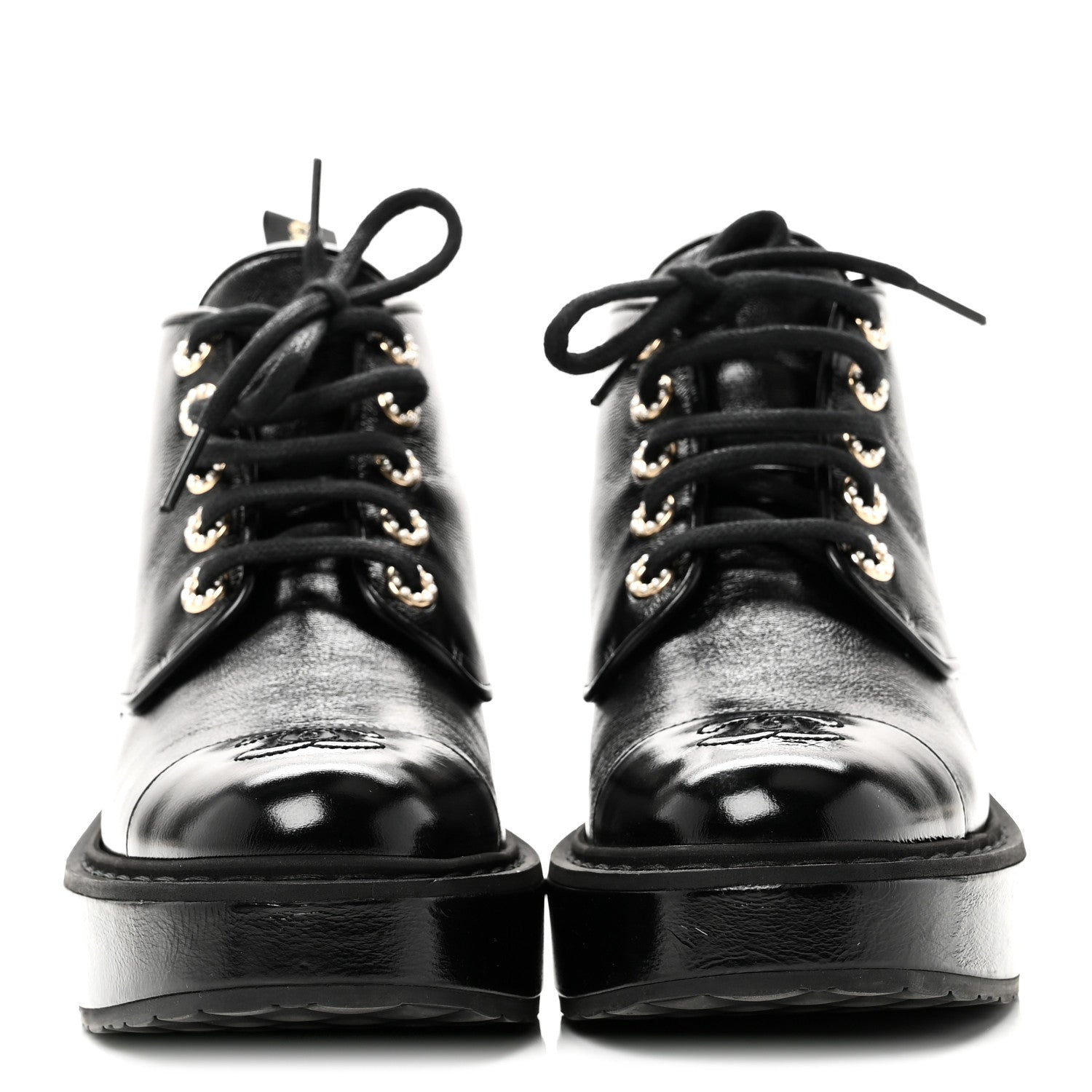 Chanel Shiny Calfskin Pearl Lace Up Combat Short Boots 38 Black