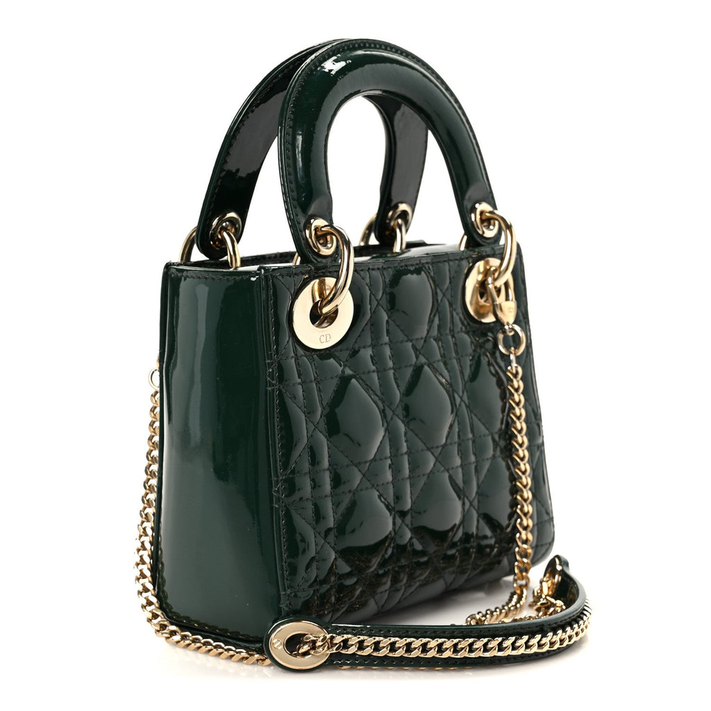 Christian Dior Patent Cannage Mini Lady Dior Pine Green
