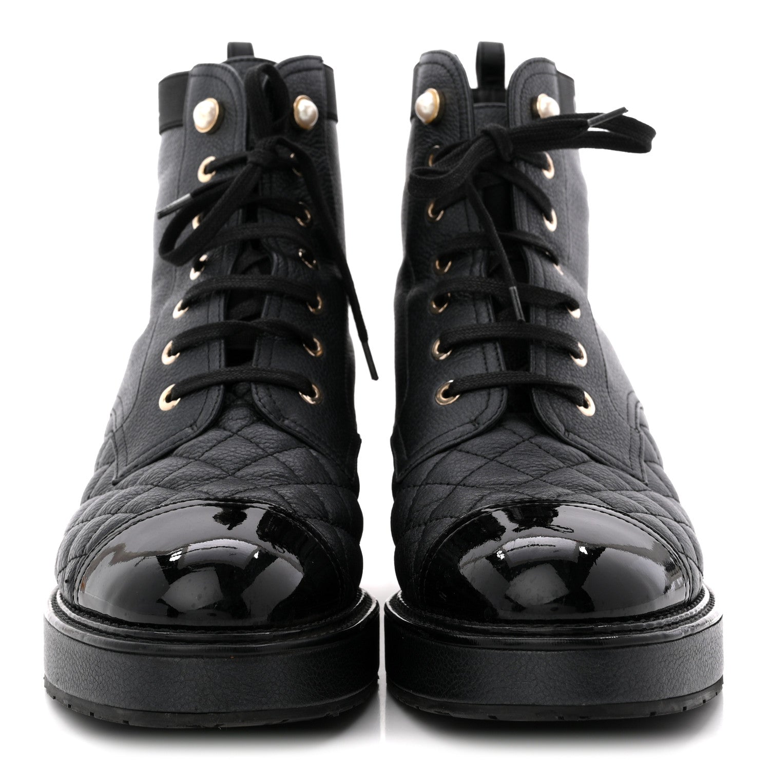 Pearly Calfskin Patent Calfskin Lace Up Combat Boots 40 Black
