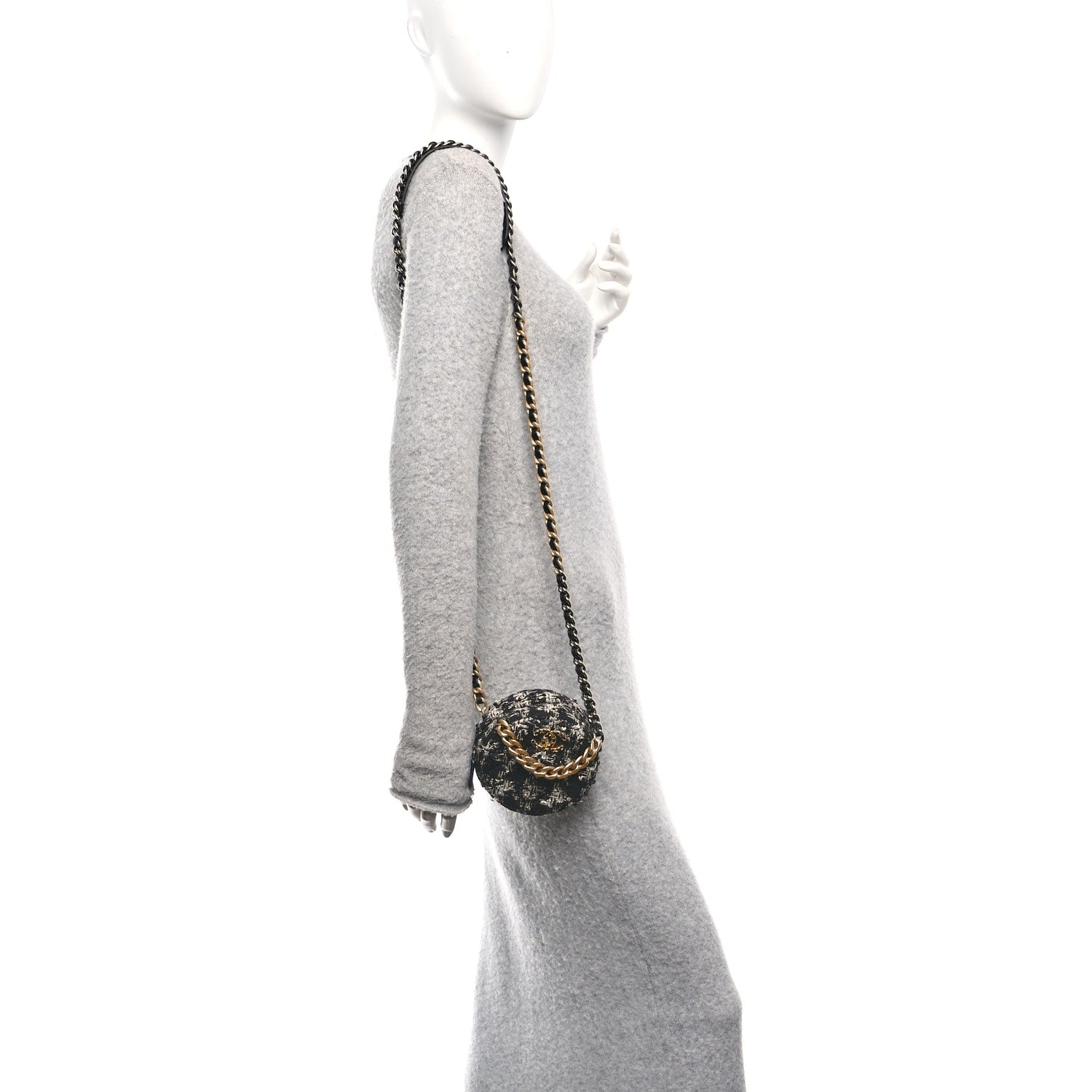 Chanel Tweed Quilted 19 Round Clutch With Chain Black White