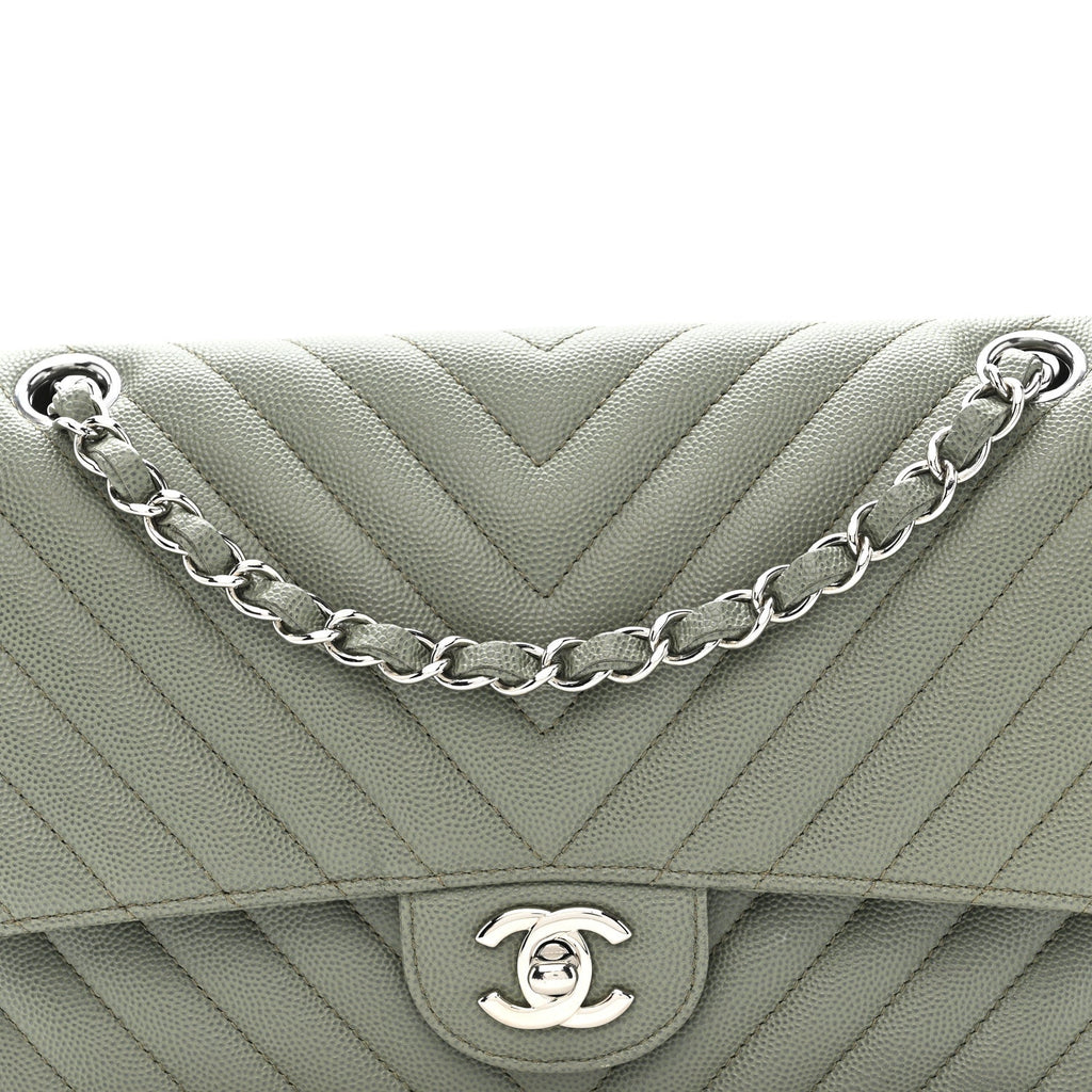 Chanel Caviar Chevron Quilted Medium Double Flap  Green