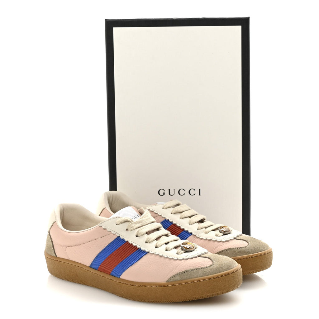 Gucci Calfskin Suede Web Womens G74 Sneakers 37 Oatmeal Soft Rose