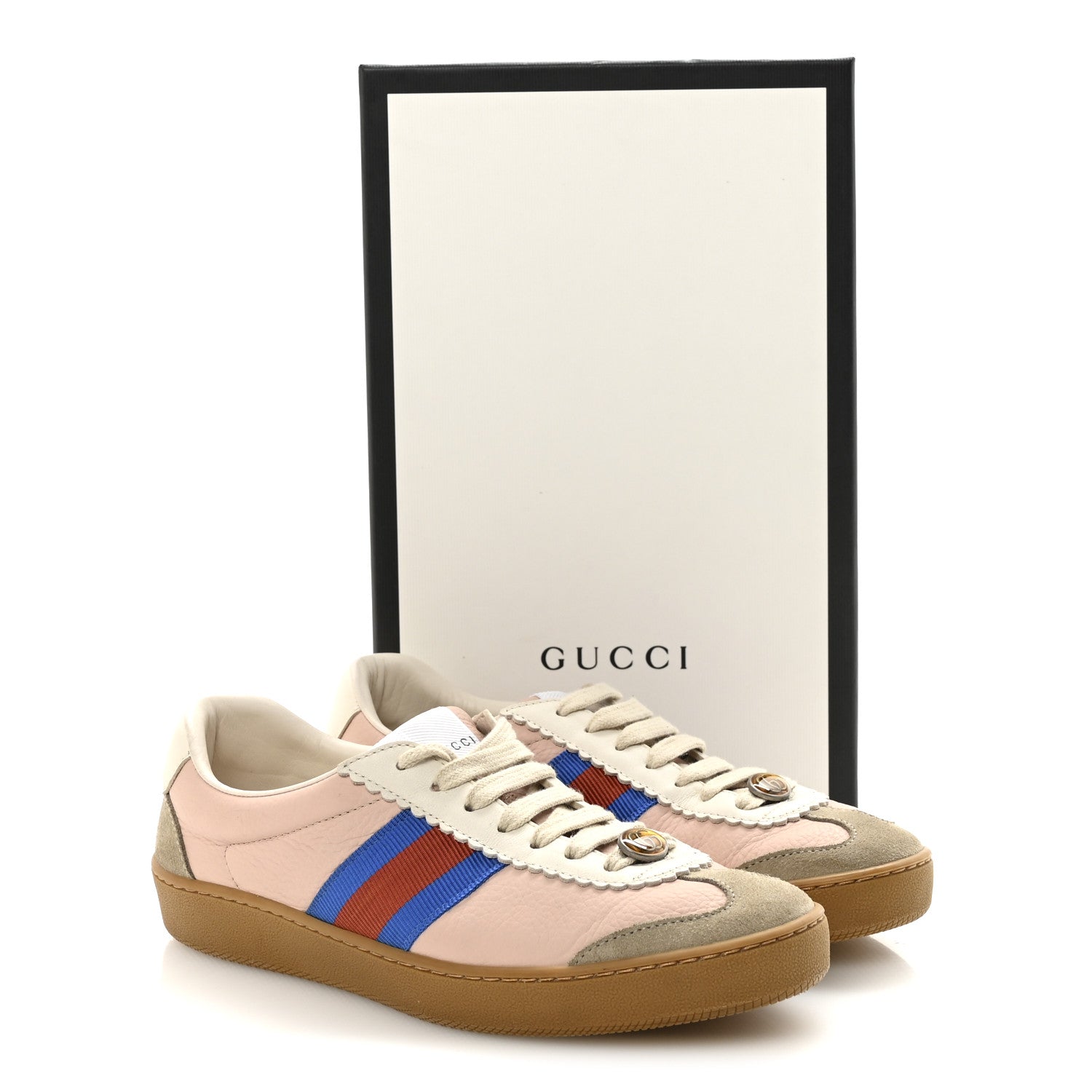 Gucci Calfskin Suede Web Womens G74 Sneakers 37 Oatmeal Soft Rose