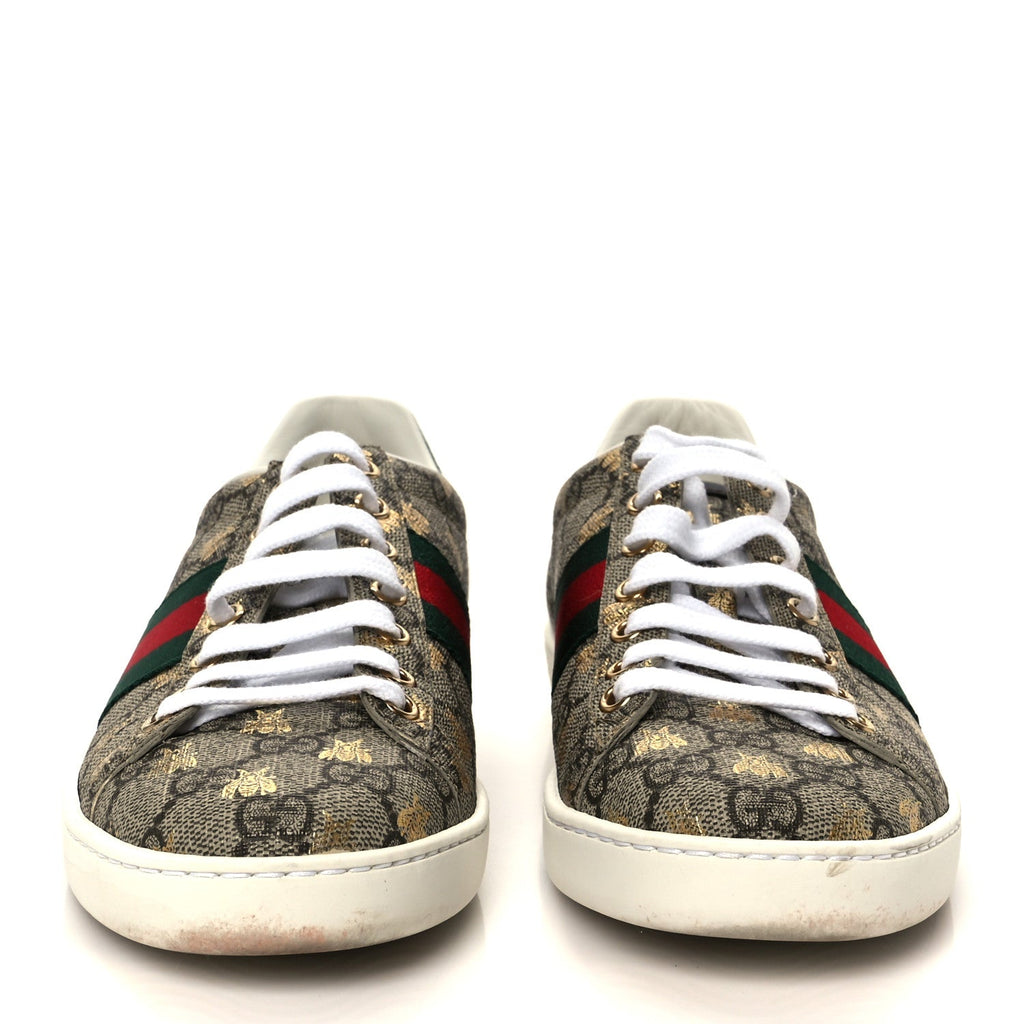 Gucci GG Supreme Monogram Bees Ayers Web Womens Ace Sneakers 37 Beige Oro Green Red