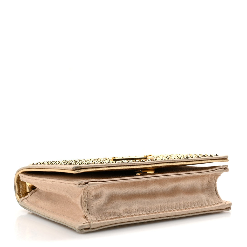 Prada Satin Crystal Metal Triangle Logo Card Holder With Strap Platino