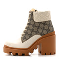 Gucci Calfskin GG Supreme Monogram Nappa Quilted Lace Up Ankle Boots 35 Mystic White Beige