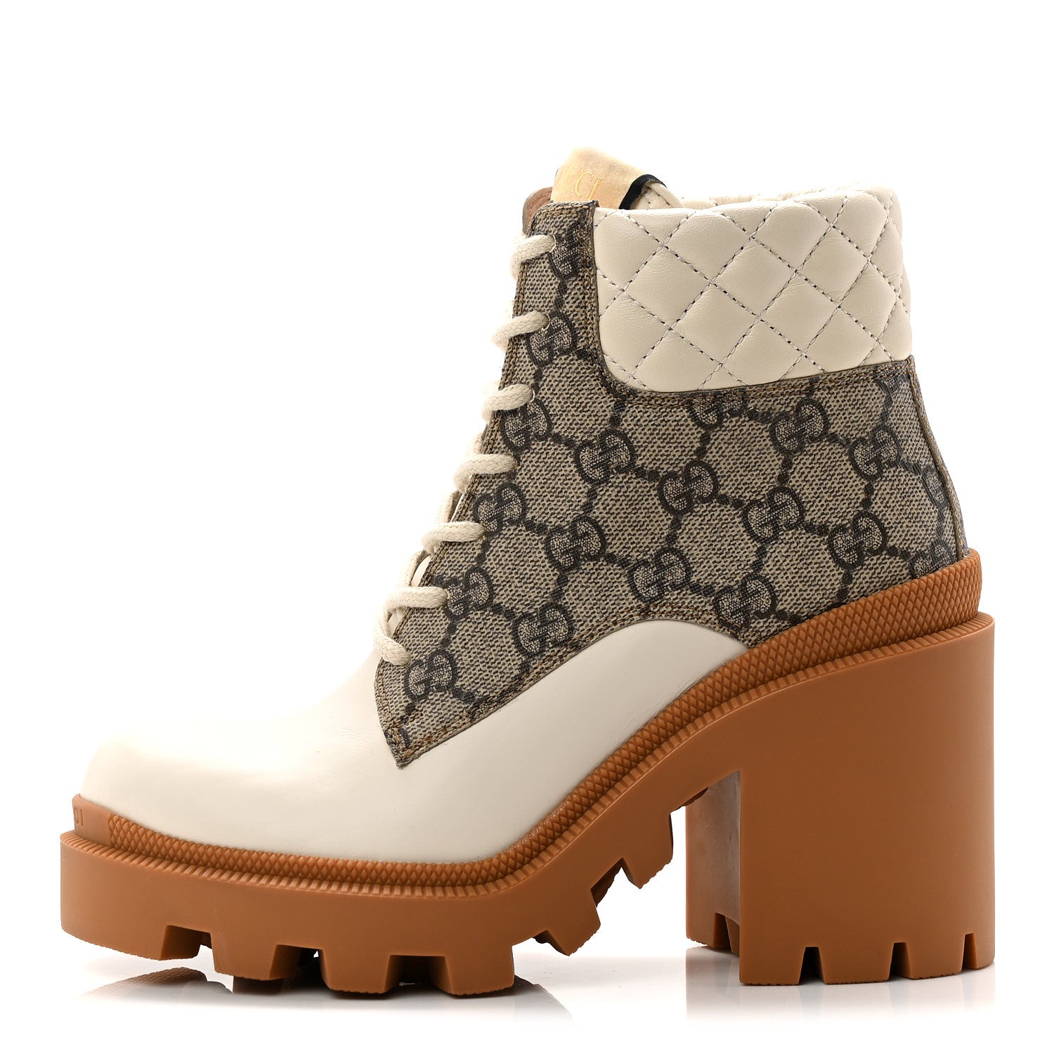 Gucci Calfskin GG Supreme Monogram Nappa Quilted Lace Up Ankle Boots 35 Mystic White Beige