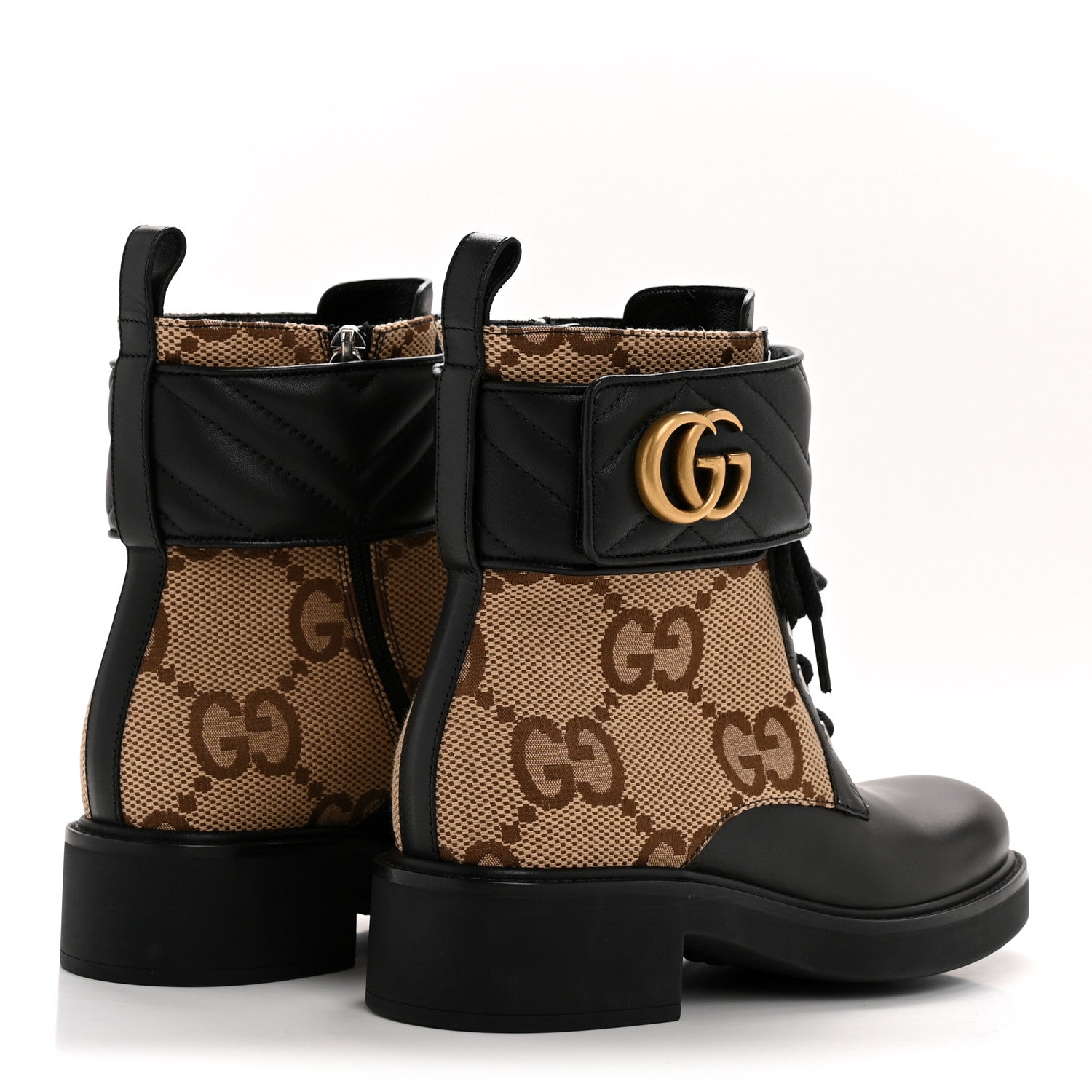 Gucci Flores Calfskin Monogram Maxi GG Nappa Matelasse Double G 40mm Ankle Boots 36.5 Black Camel Ebony