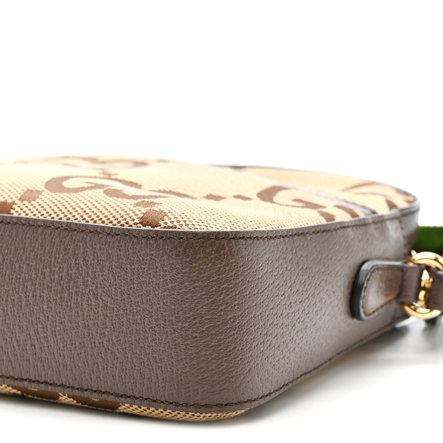 Gucci Monogram Jumbo GG Textured Dollar Calfskin Web Messenger Shoulder Bag Camel Ebony New Acero
