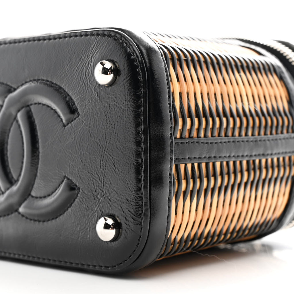 Chanel Calfskin Raffia Small Vanity Case Bag Black Beige