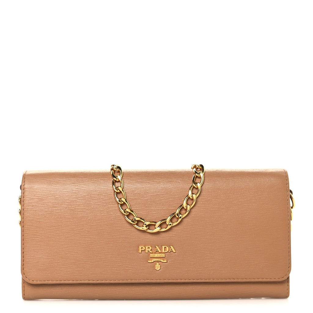 Prada Vitello Move Metal Oro Chain Wallet Caramel
